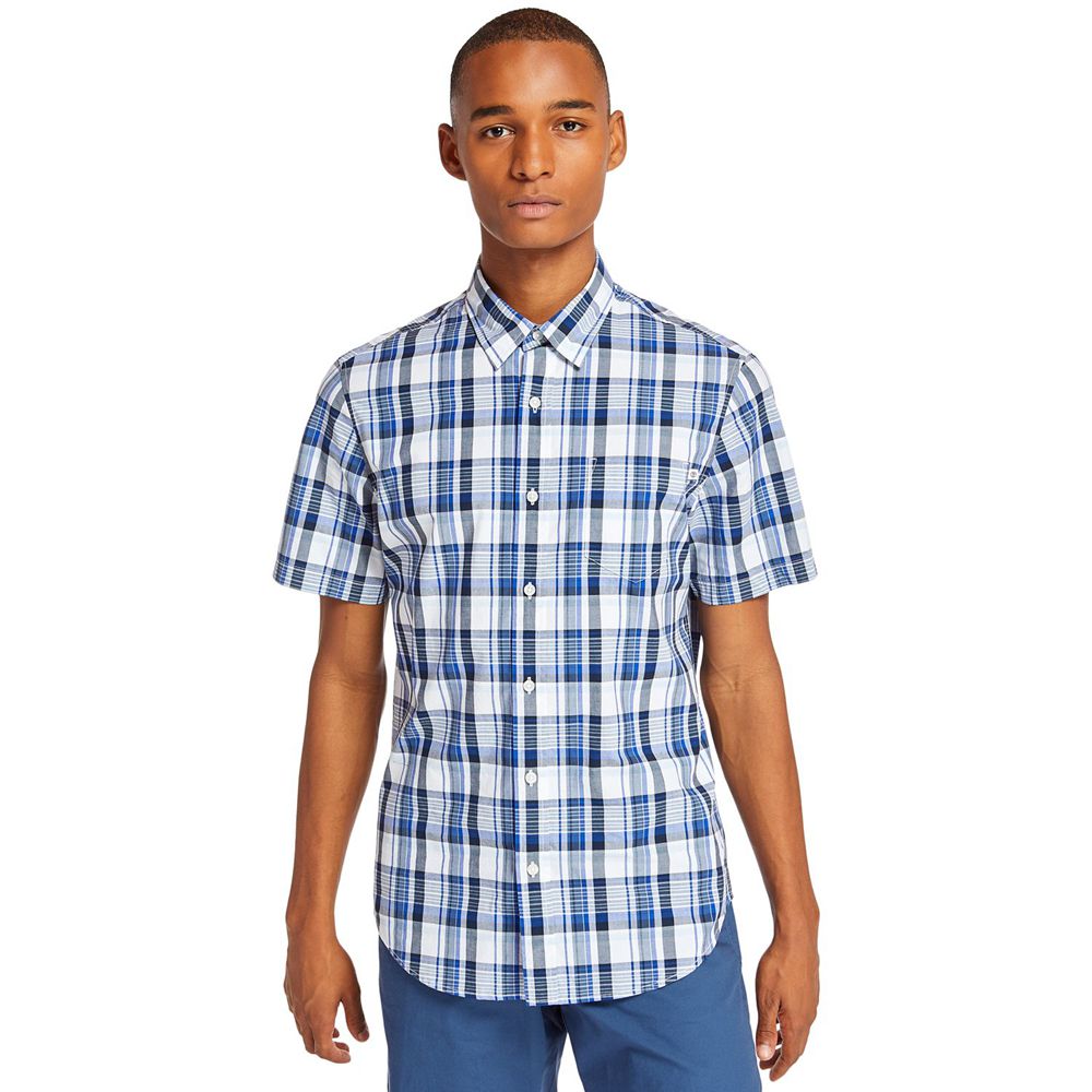 Camisa Timberland Hombre Short-Sleeve Indian River Madras Azules - Chile EOA-603852